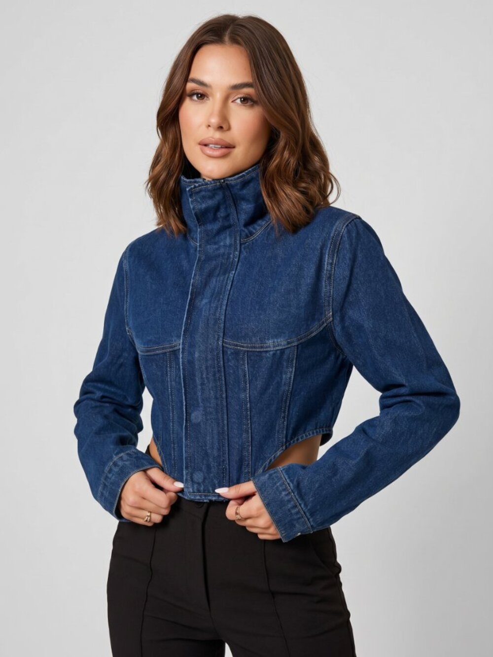 Women Cropped Denim Jacket Fitted Cotton Blue Jean Zip Up Casual Chic Top